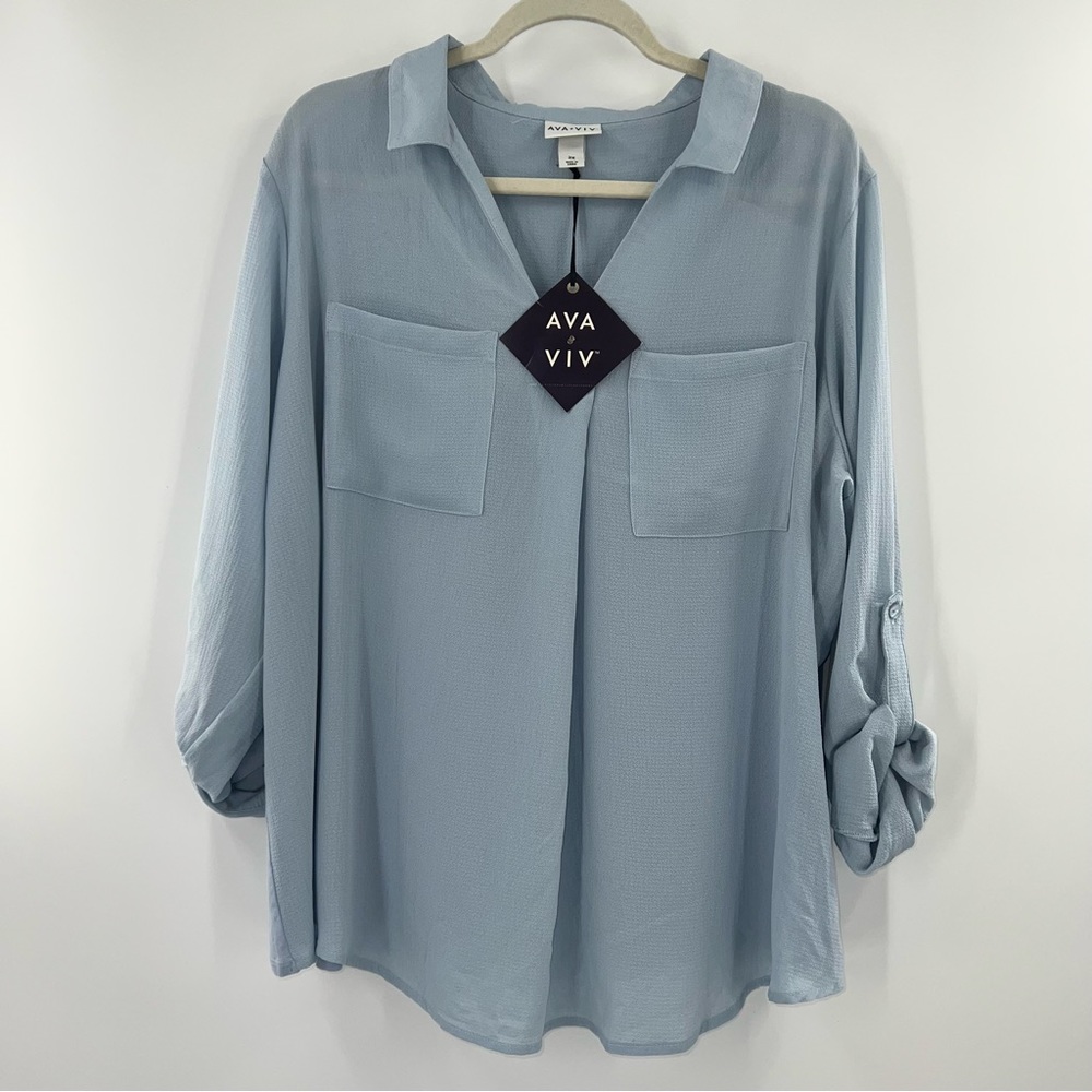 Ava & Viv NWT Long Sleeve Collared Utility Pocket Shirt in Blue size 2X - Picture 3 of 7